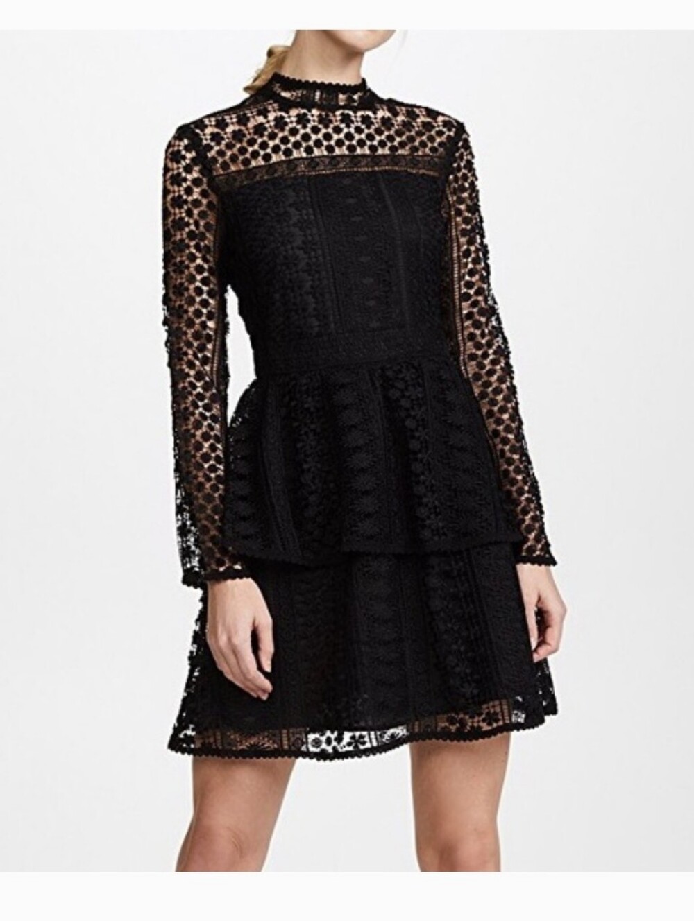 NWT Cupcakes & Cashmere Black Lace Long-Sleeve Fit & Flare Tiered Mini Dress Sz6